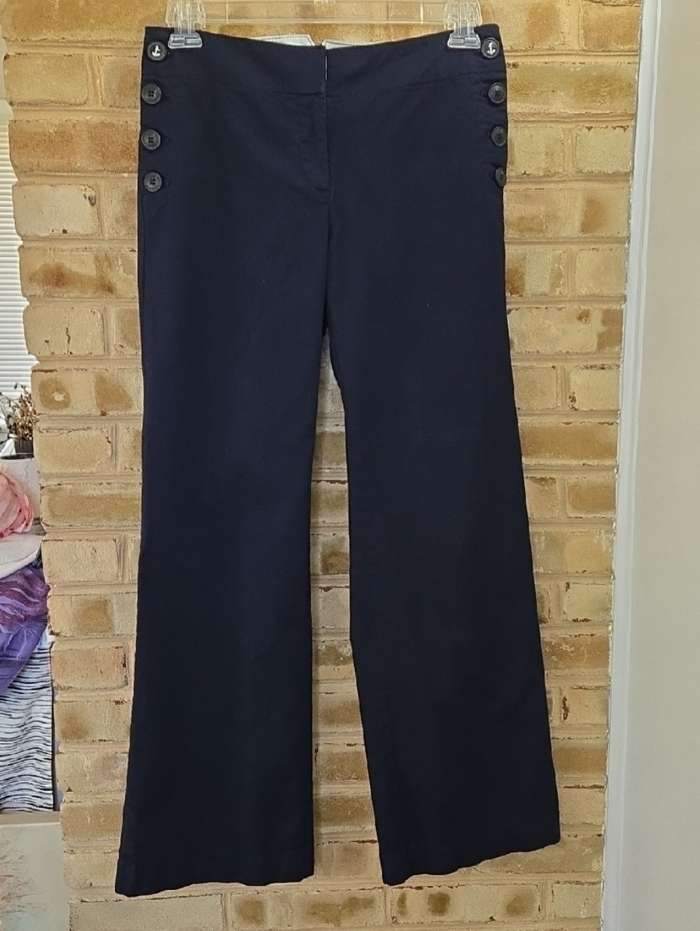 LOFT Navy Wide Leg Pants with Side Button Detail